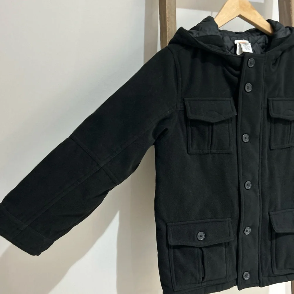 Gymboree Boys Black Car Hooded Coat Button Up Zip Up Pockets Winter Size M 7-8